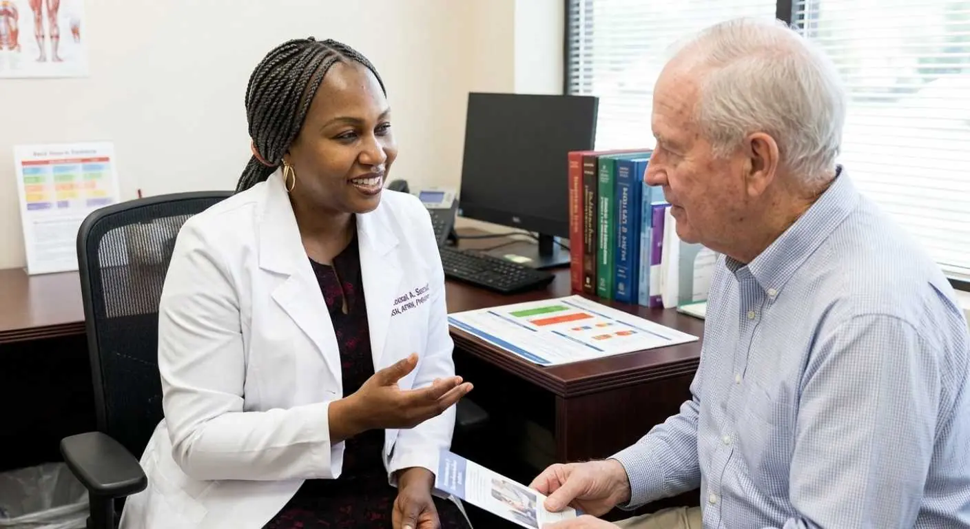 A clinician welcoming and listening to a patient during a first visit
