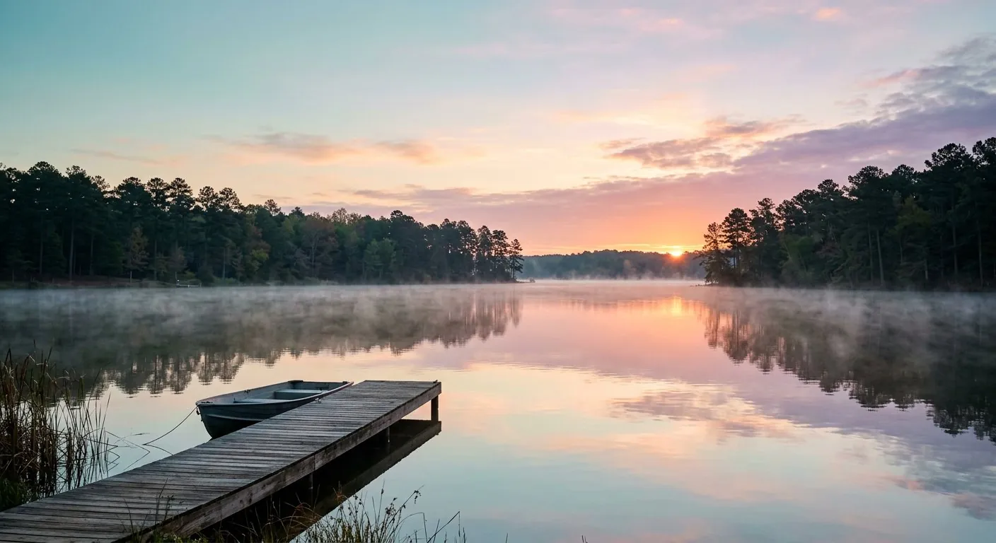 A tranquil sunrise over a calm Georgia lake