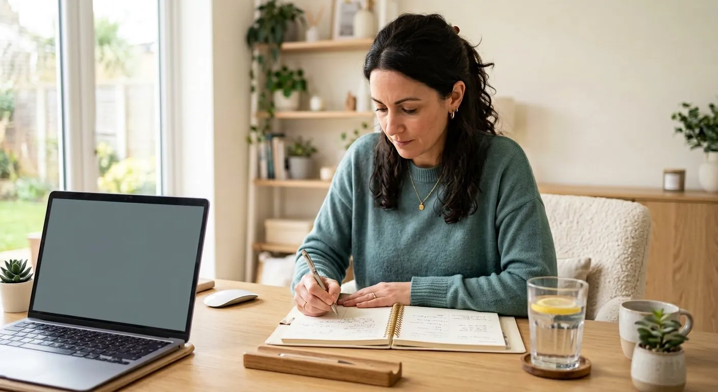 An adult working calmly and focused at a tidy desk with a planner