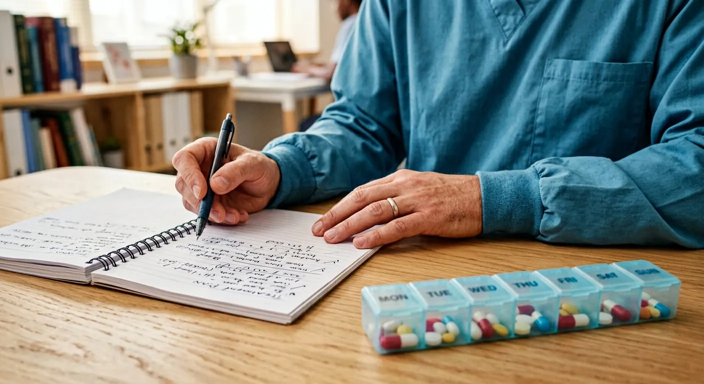 A clinician reviewing a personalized medication plan beside a weekly pill organizer