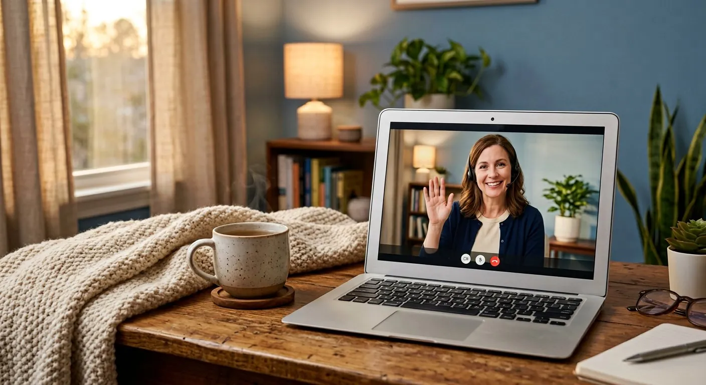 A person at home on a laptop having a telehealth video visit with a friendly clinician