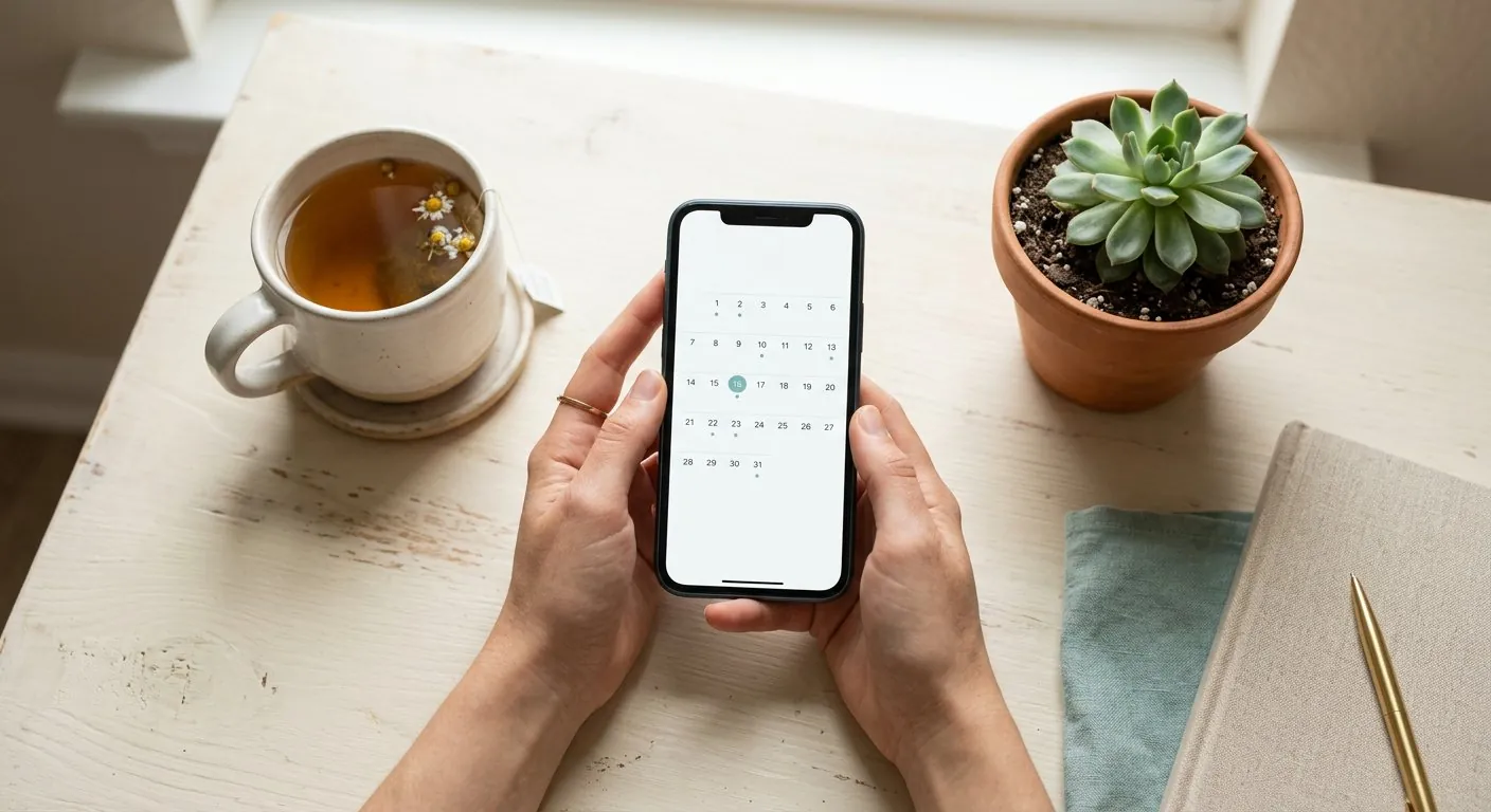 Hands holding a smartphone scheduling an appointment beside tea and a plant
